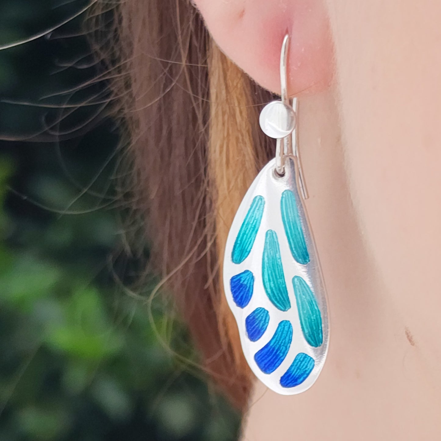 Aqua Blue Butterfly Wing Champleve Silver Earrings
