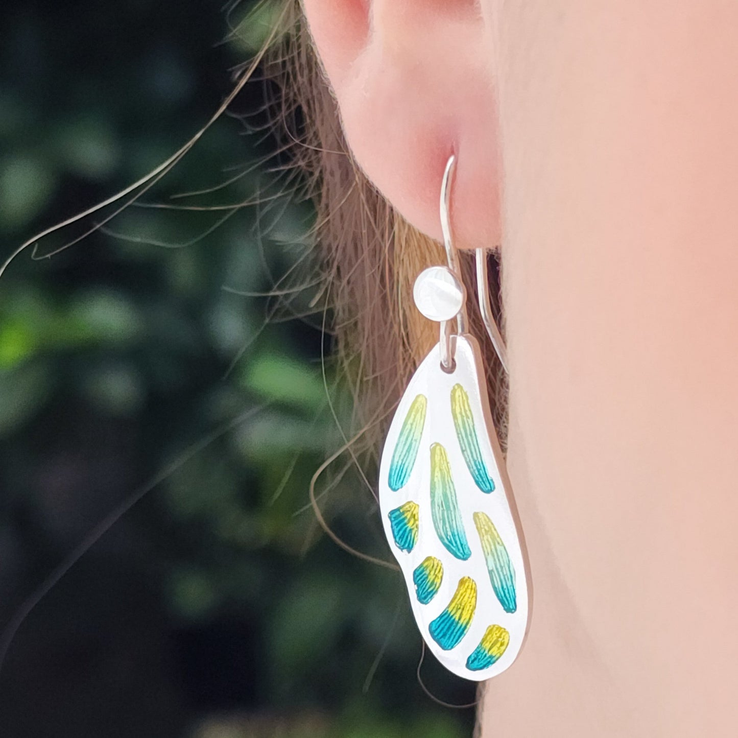 Aqua Yellow Wing Champleve Silver Earrings