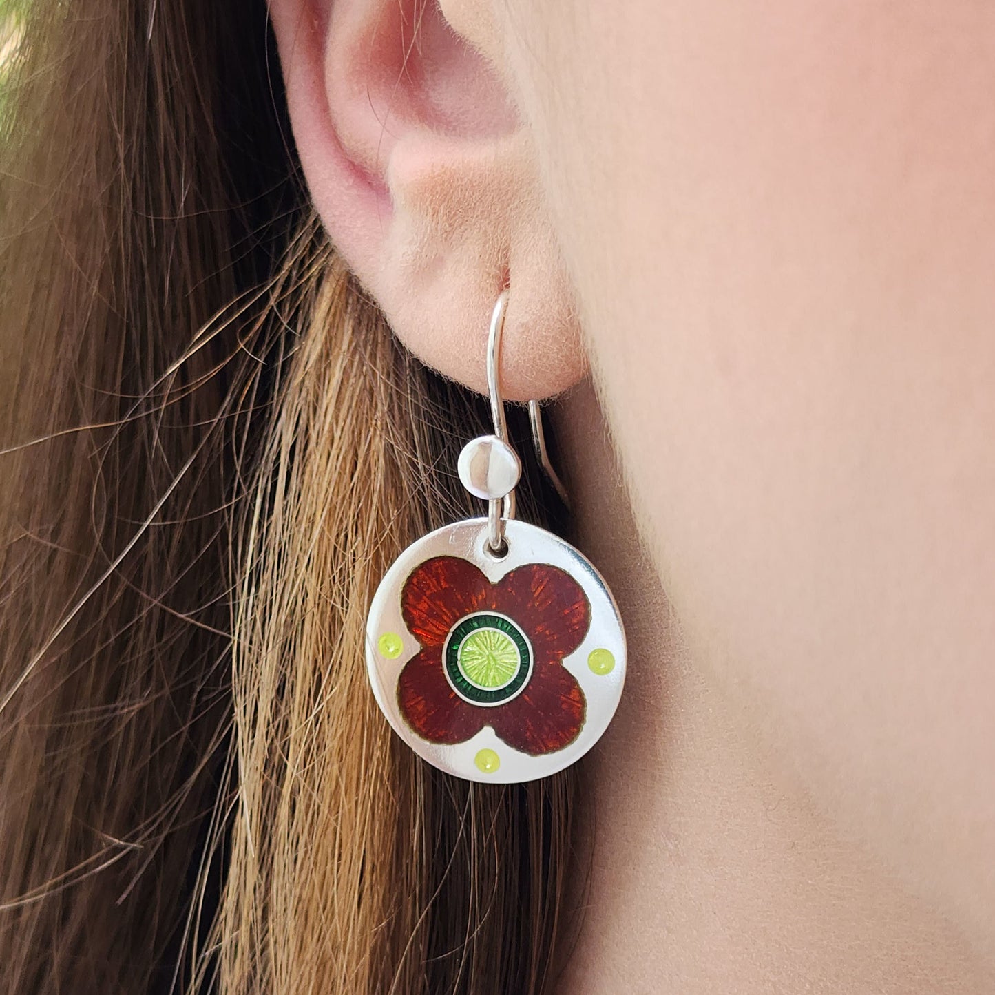 Poppy Flowers Enamel Silver Earrings