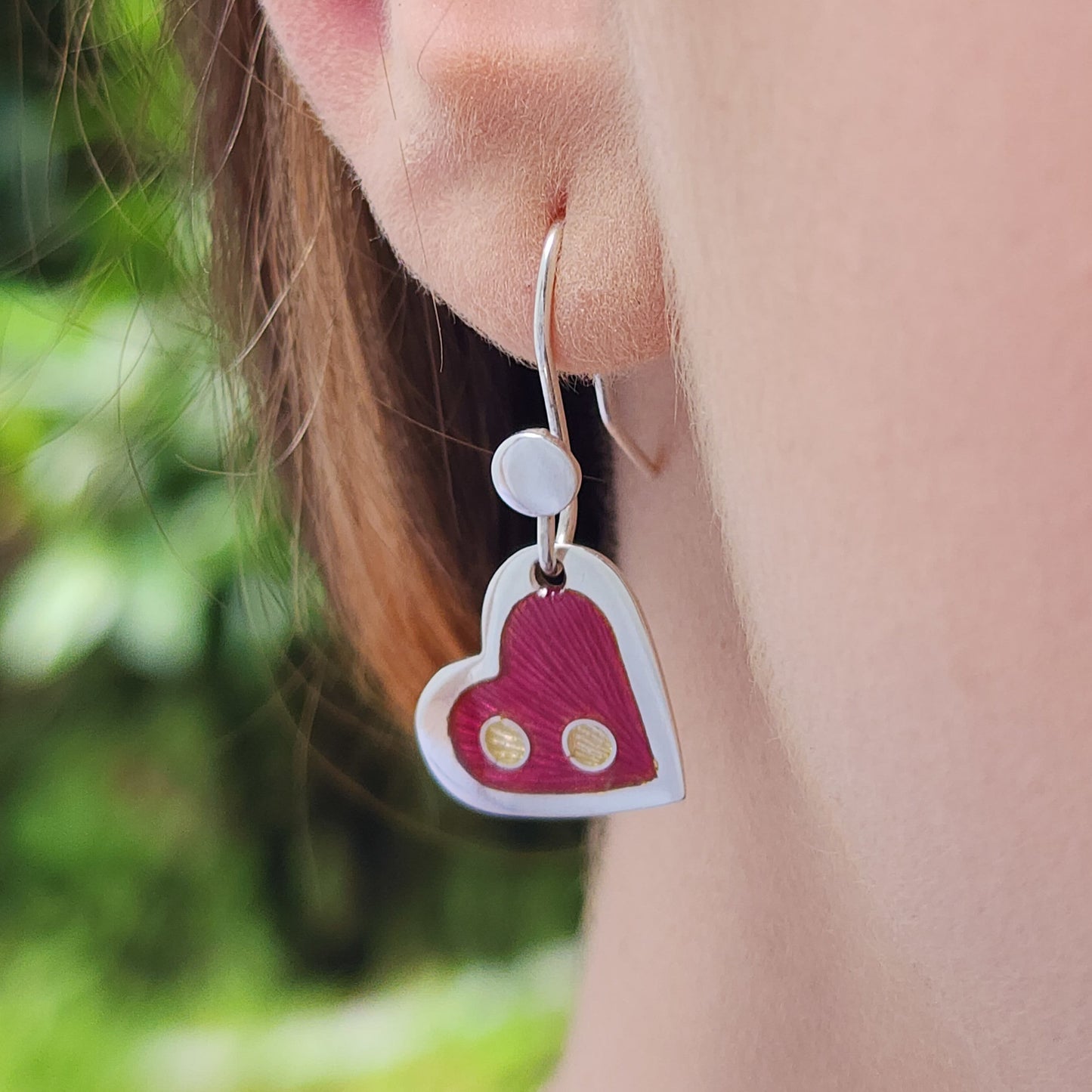 Pink Heart Enamel Silver Earrings