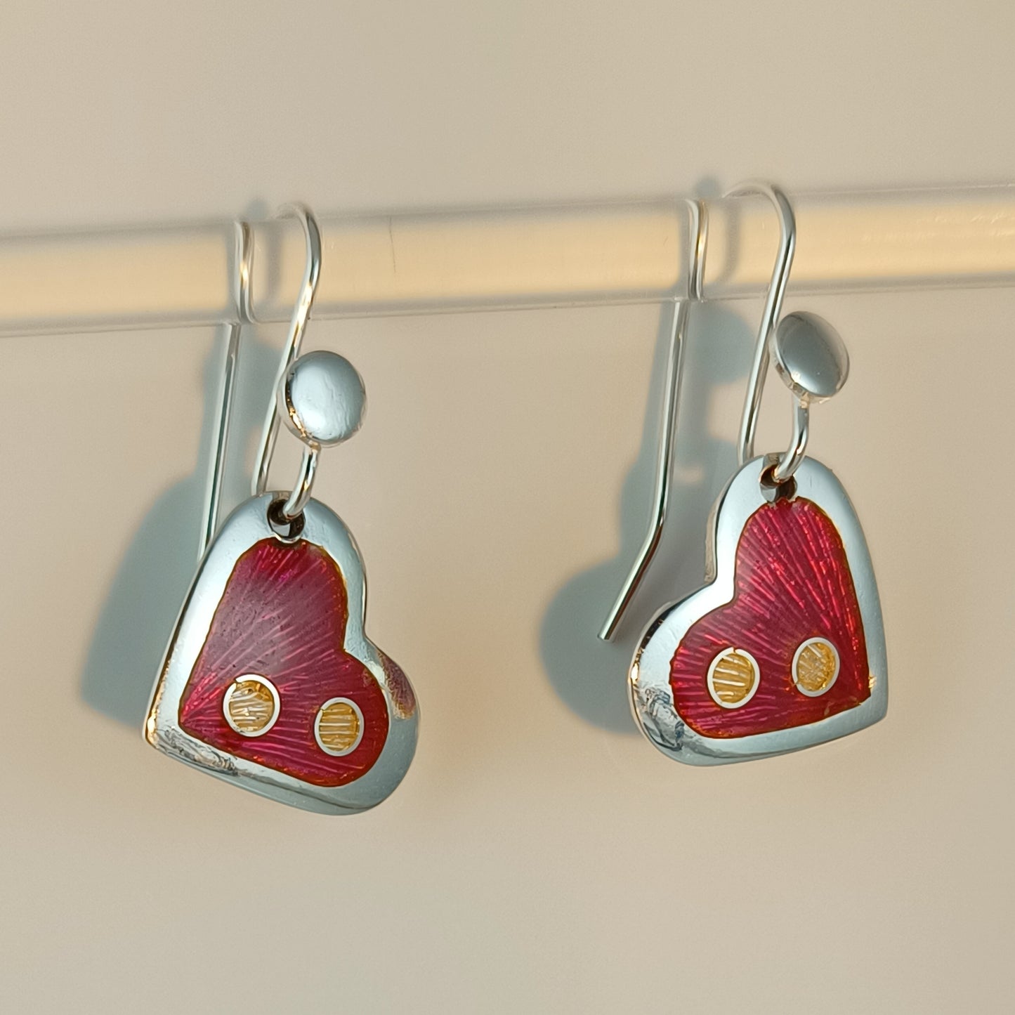 Earrings hot pink heart, Champleve enamels on Fine Silver (999), Handmade in Australia