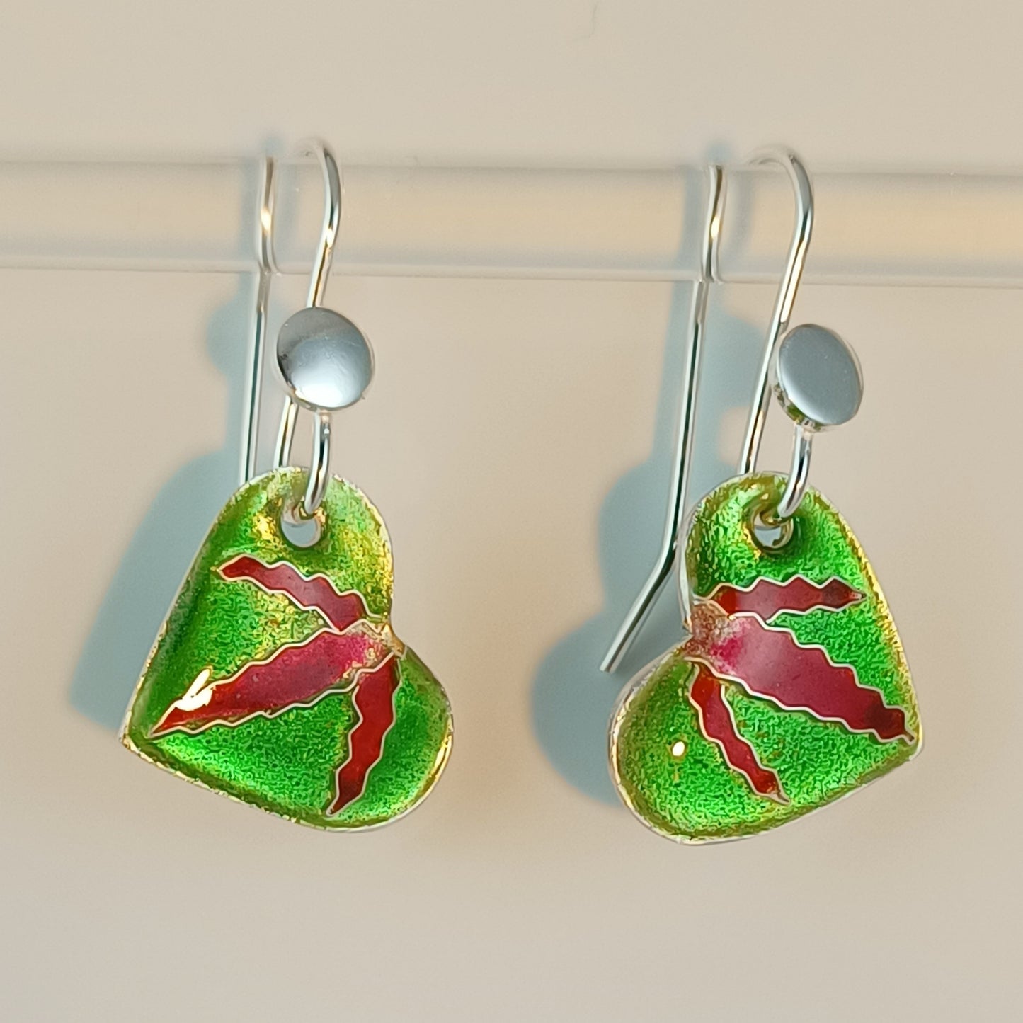 Green Heart Earrings Cloisonne Enamels on Fine Silver (999), Handmade in Australia