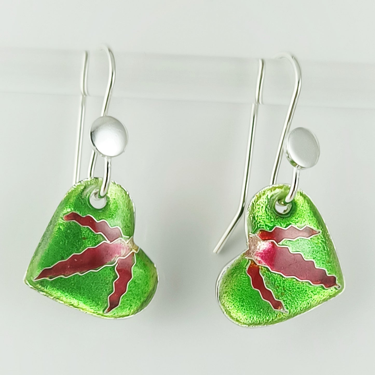 Green Heart Earrings Cloisonne Enamels on Fine Silver (999), Handmade in Australia