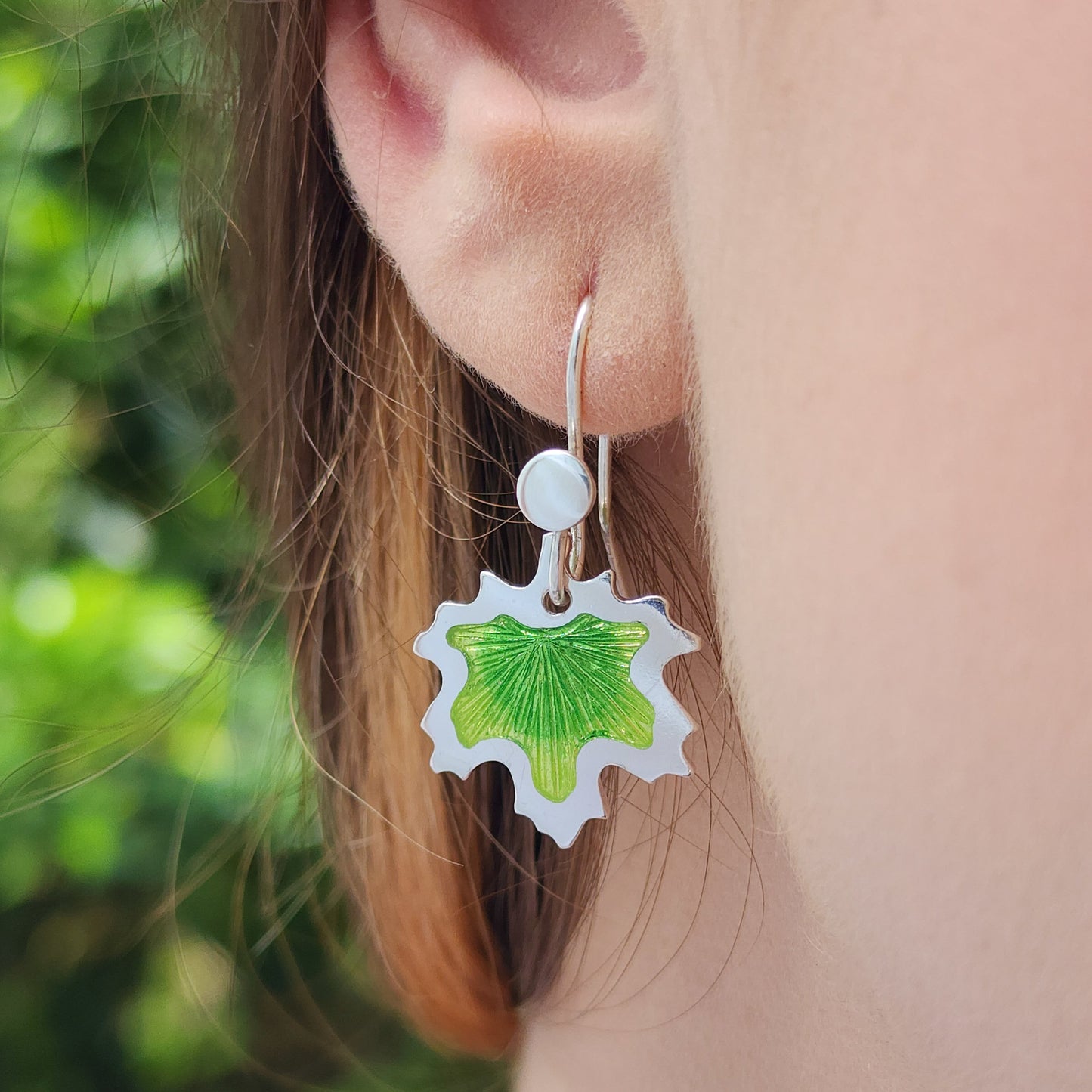 Maple Green Leaves Champleve Enamel Silver Earrings