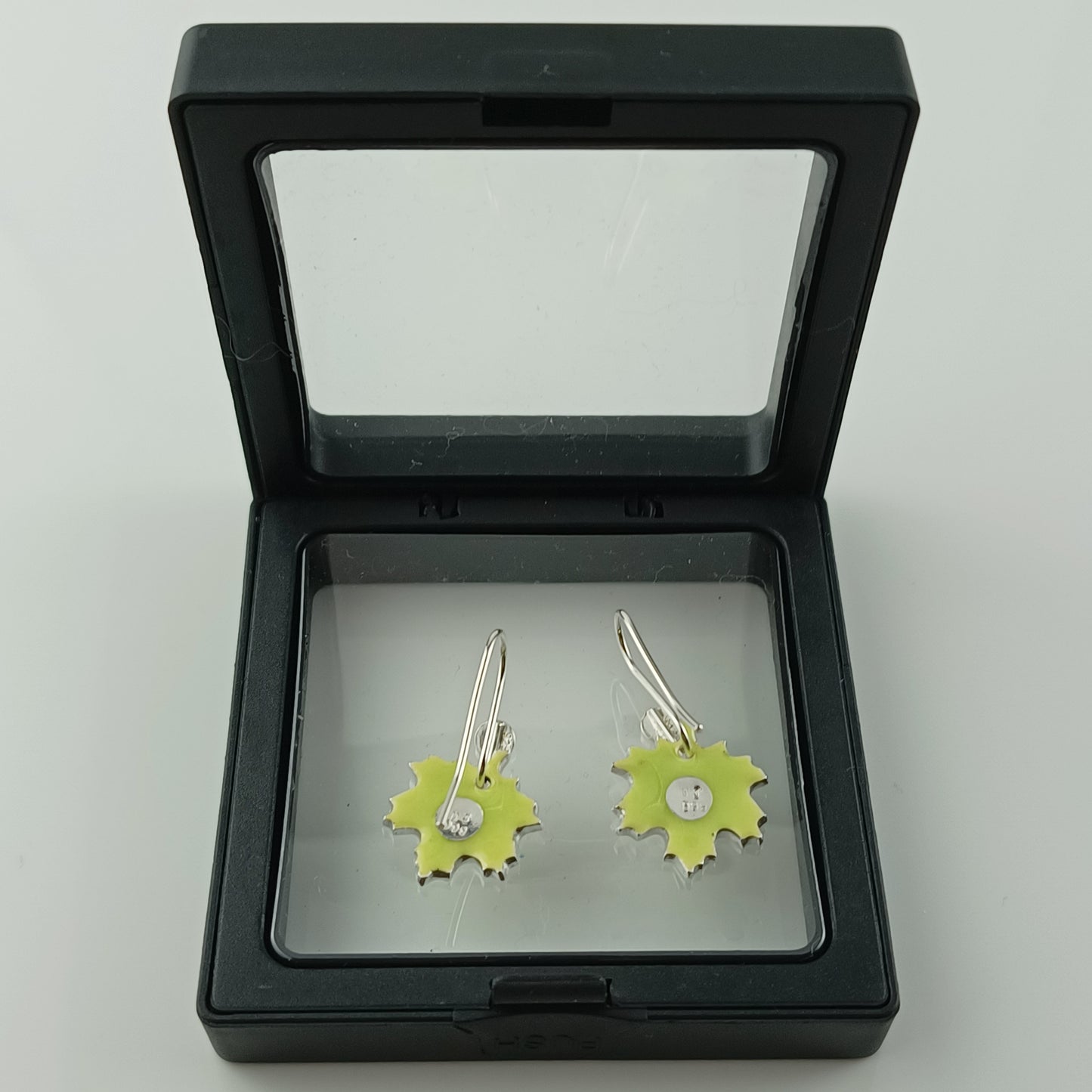 Maple Green Leaves Champleve Enamel Silver Earrings