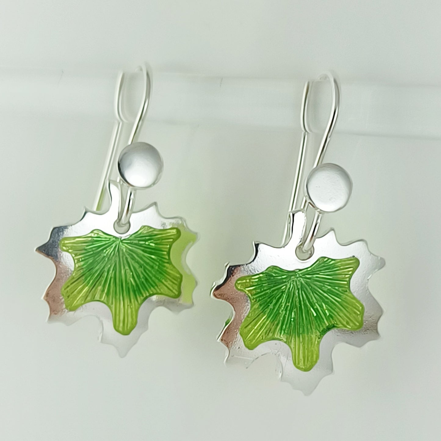Maple Green Leaves Champleve Enamel Silver Earrings