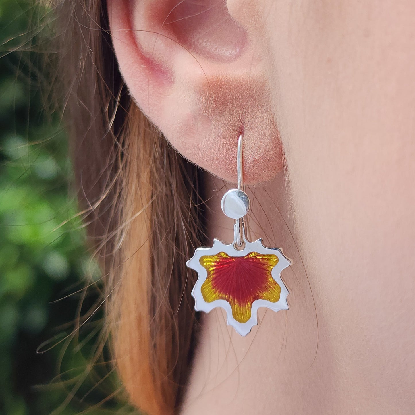 Red & Yellow Maple Leaf Champleve Enamel Earrings