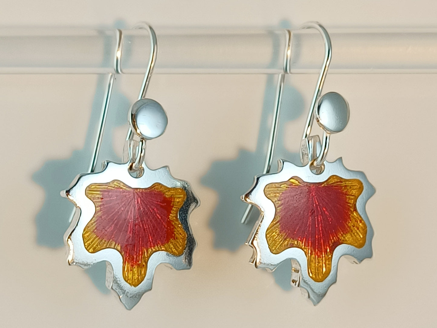 Red & Yellow Maple Leaf Champleve Enamel Earrings