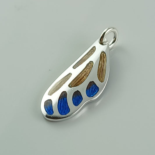 Butterfly Wing Brown Blue Champleve Silver Pendant