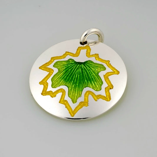 Green Maple Leaf Champleve Enamel Silver Pendant