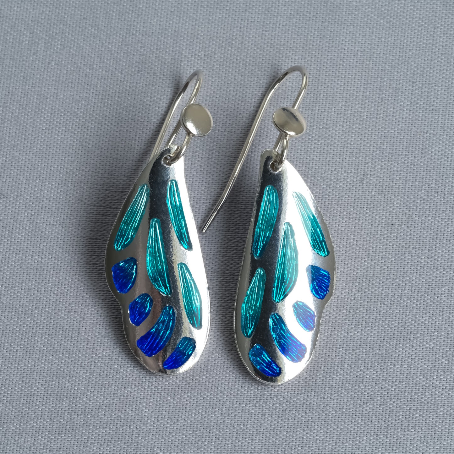 Aqua Blue Butterfly Wing Champleve Silver Earrings