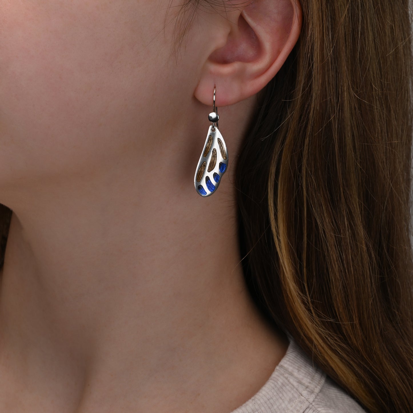 Blue and Brown Enamel Butterfly Silver Earrings