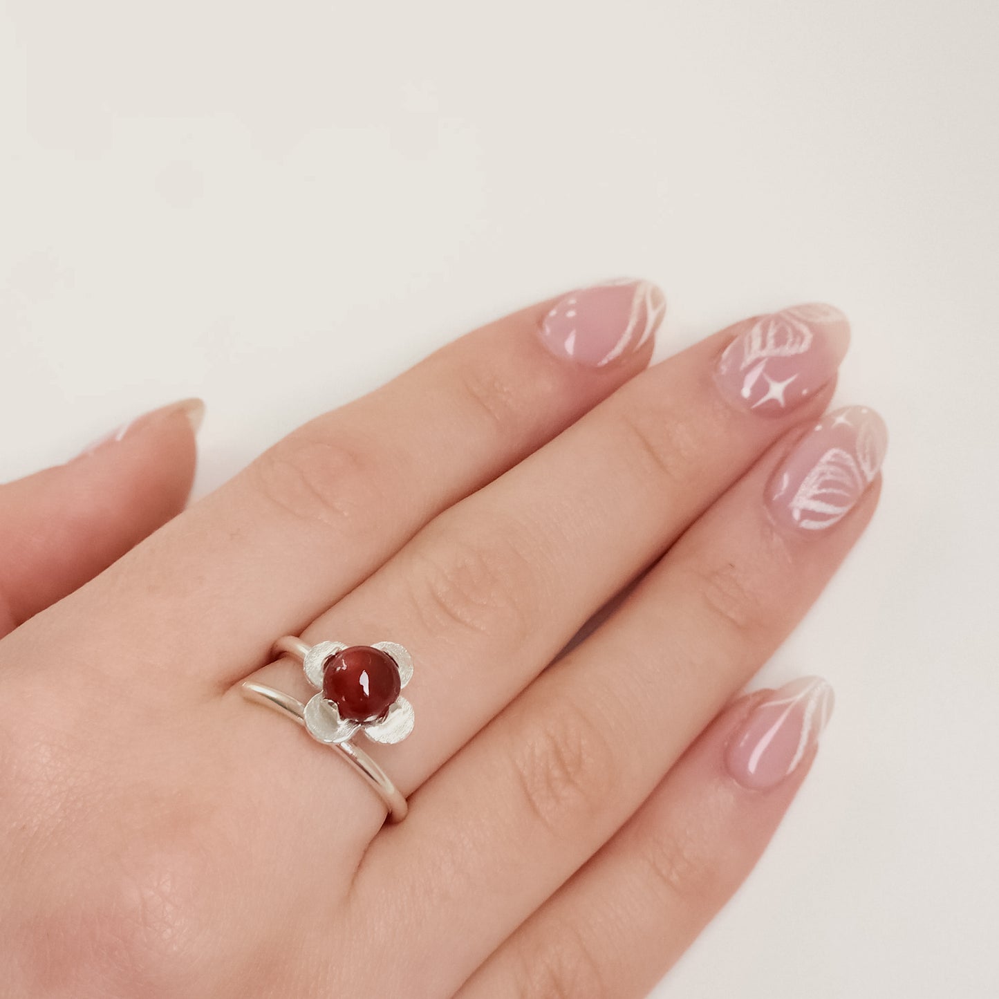 Hessonite garnet flower silver ring