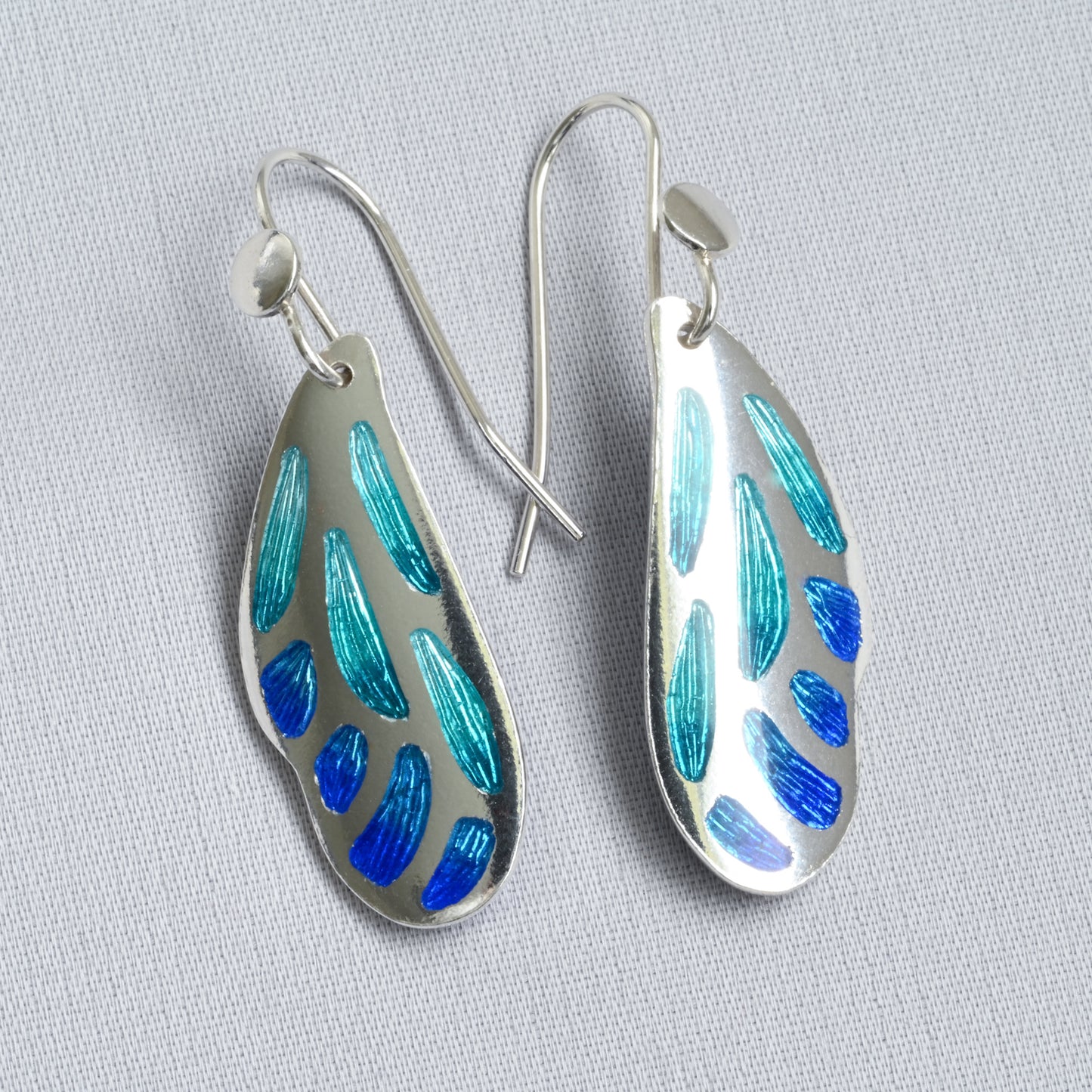 Aqua Blue Butterfly Wing Champleve Silver Earrings