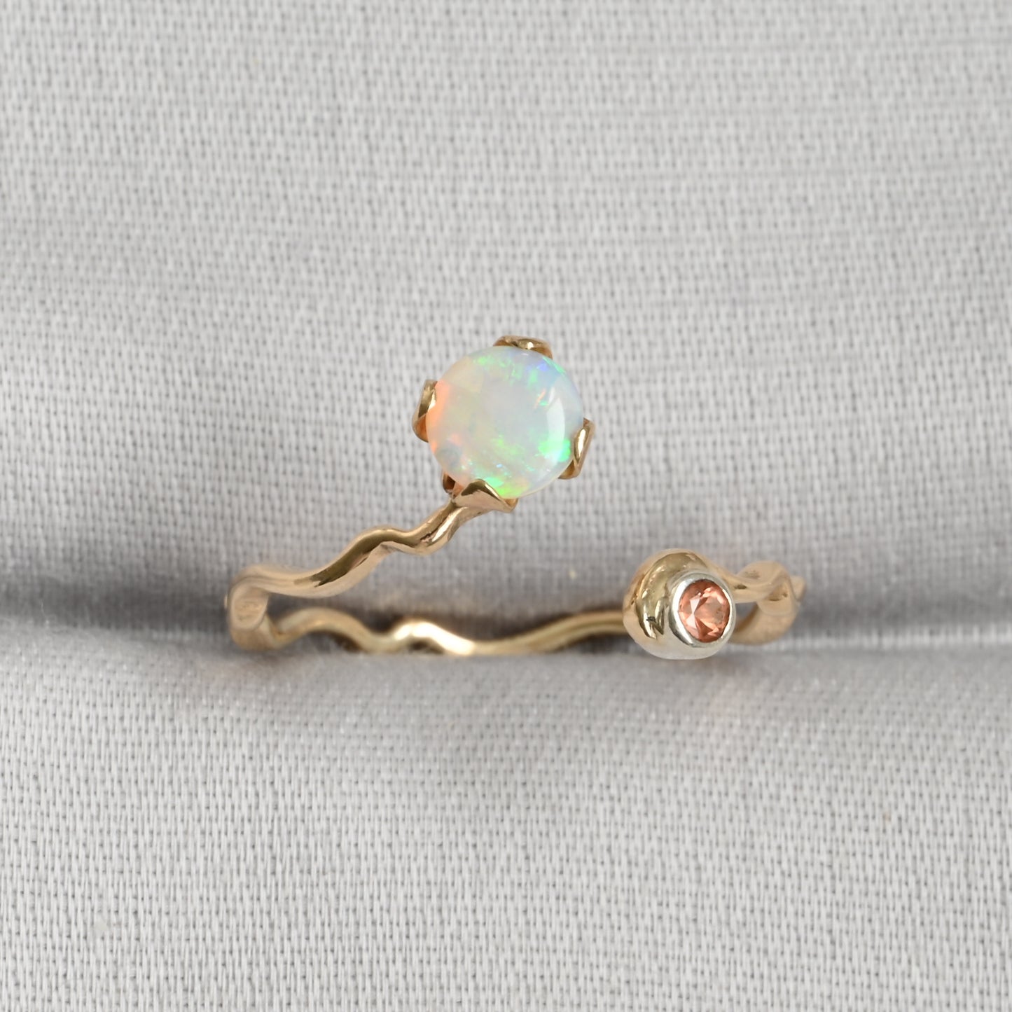 Crystal Opal Wavy Gold Ring with Peach Sapphire