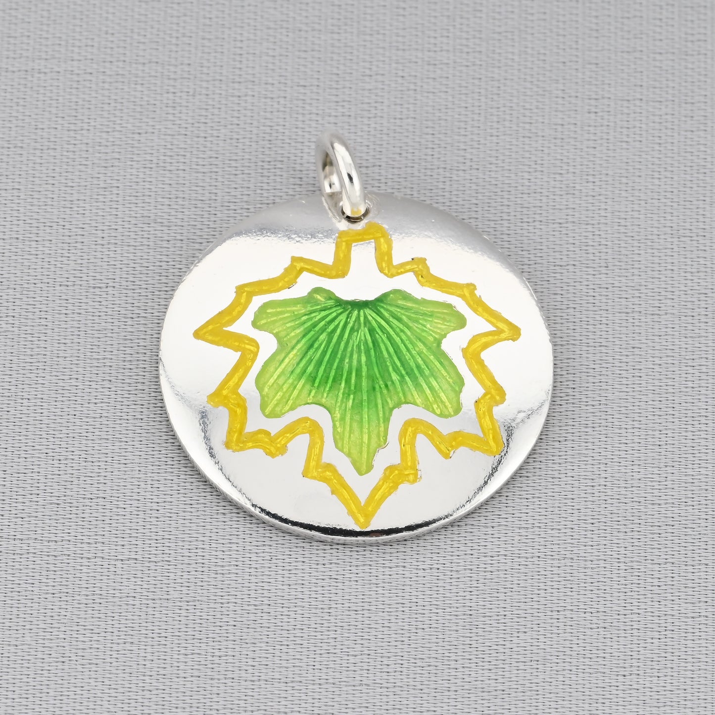 Green Maple Leaf Champleve Enamel Silver Pendant