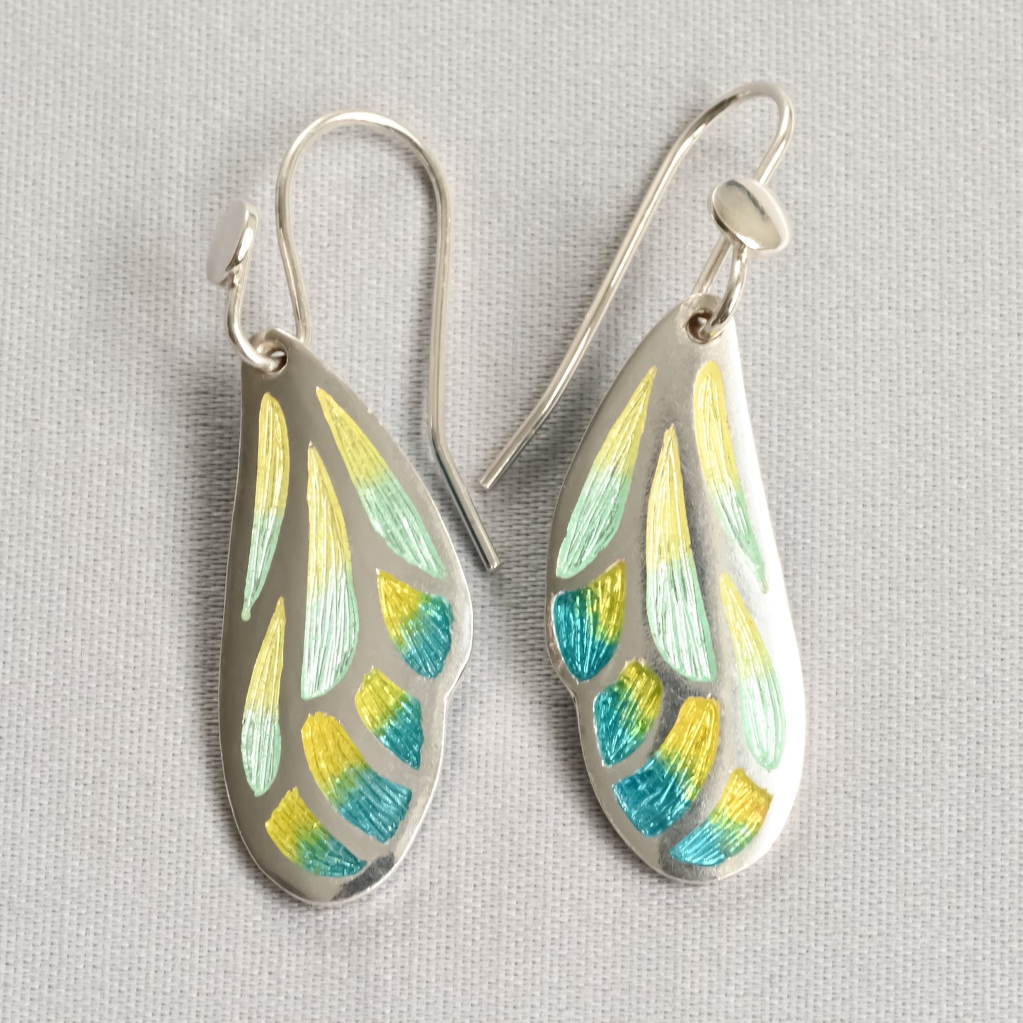 Aqua Yellow Wing Champleve Silver Earrings