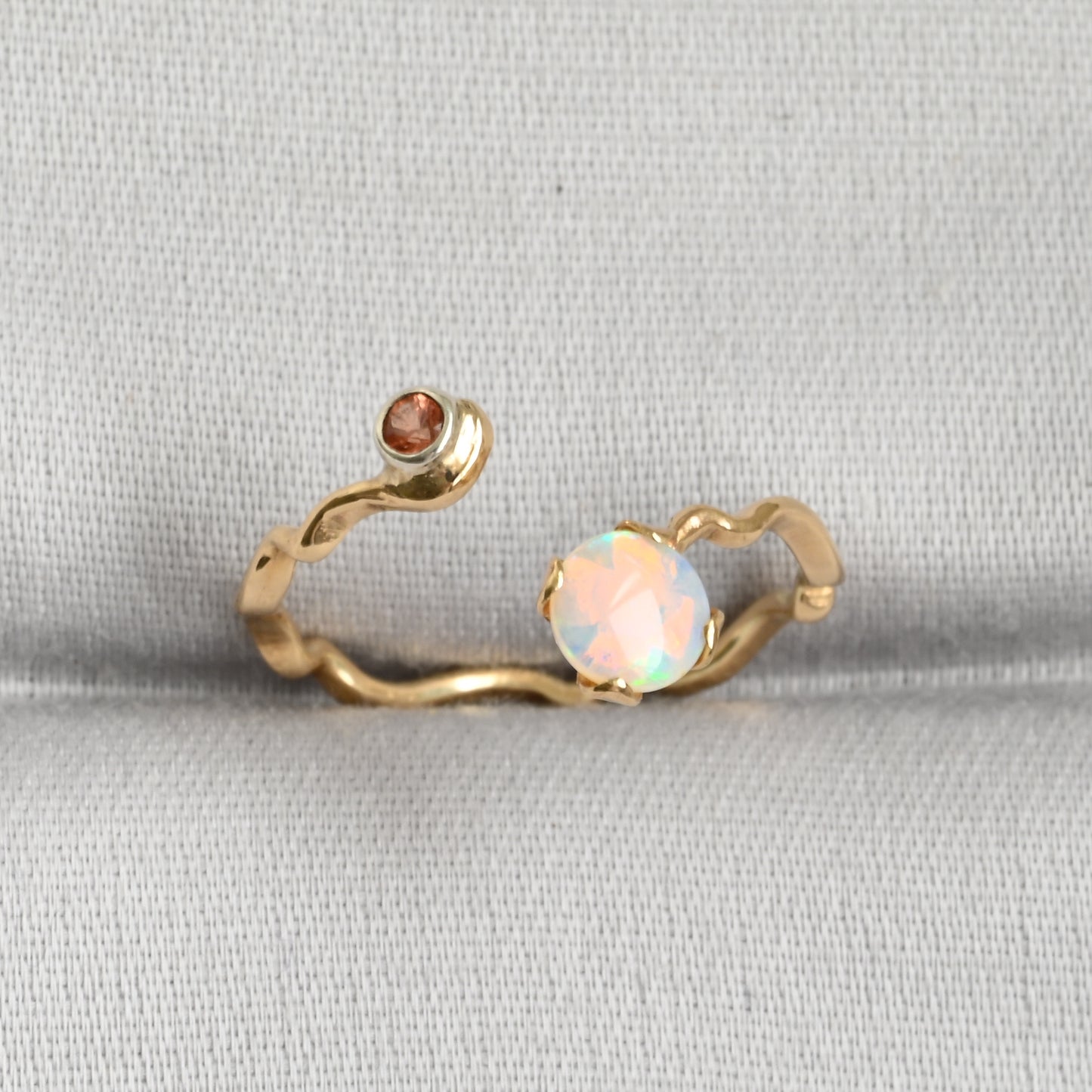 Crystal Opal Wavy Gold Ring with Peach Sapphire