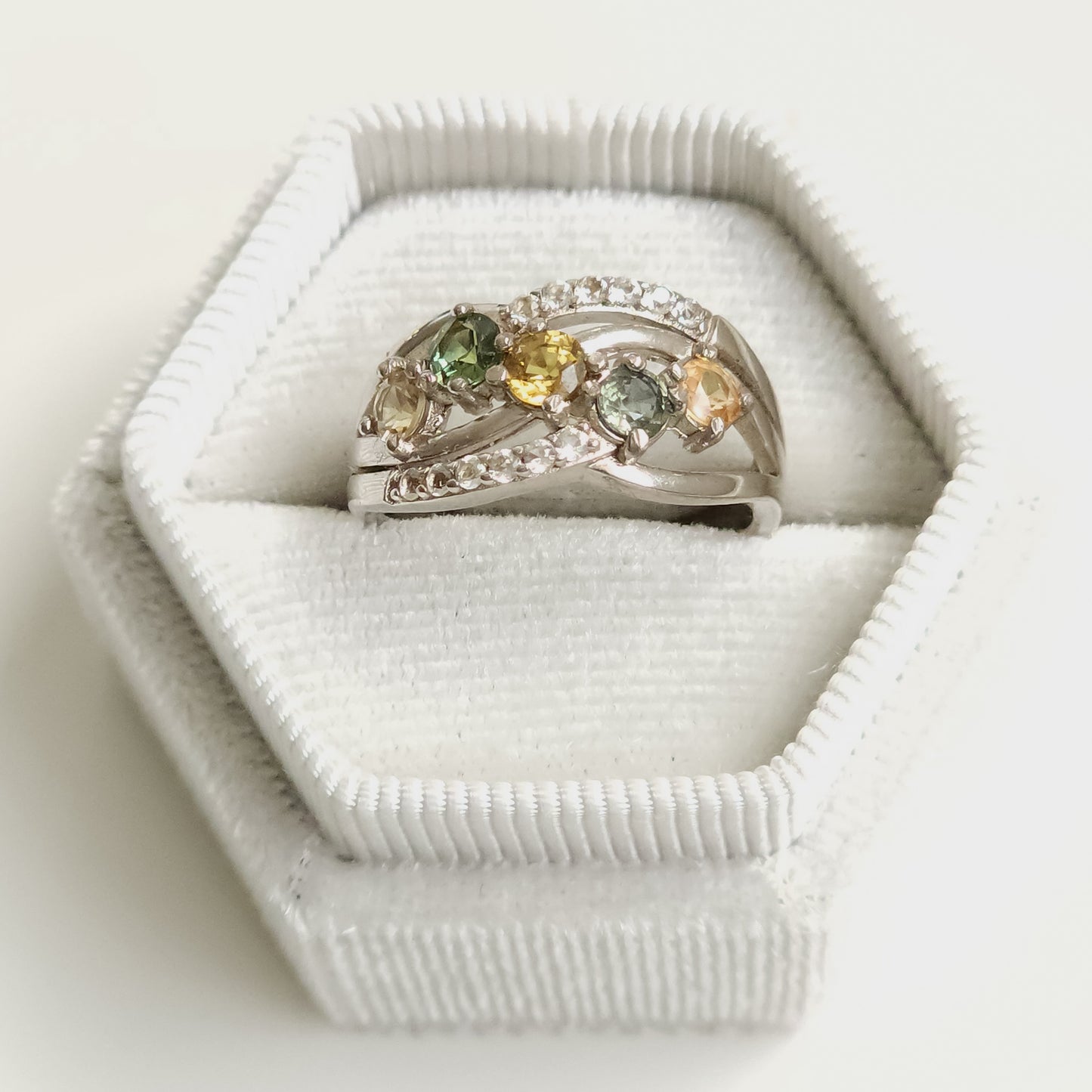 Green and Yellow Sapphire and Topaz Silver Ring