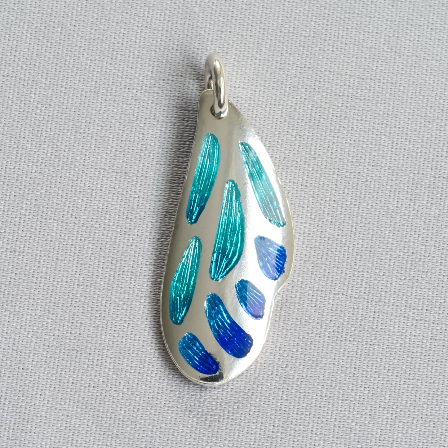 Aqua & Blue Butterfly Wing Champleve Silver Pendant