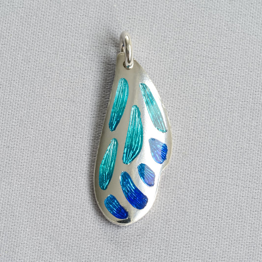 Aqua & Blue Butterfly Wing Champleve Silver Pendant