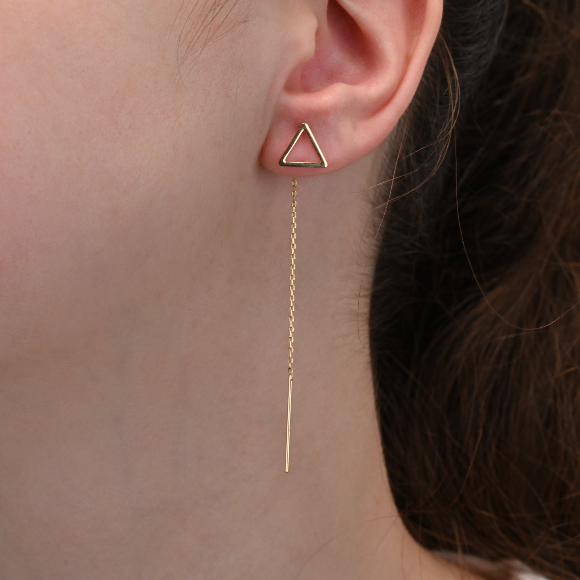 Alternate angle of Gold Triangle Threaded Earrings
