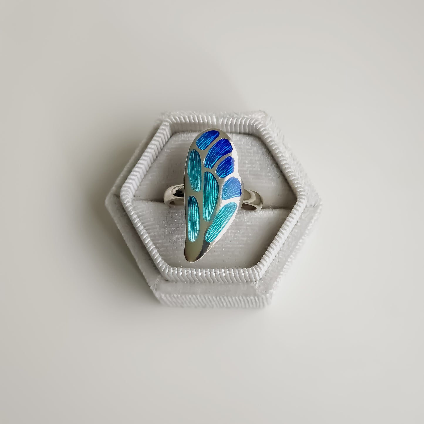 Blue & Aqua Butterfly Wing Champleve Silver Ring