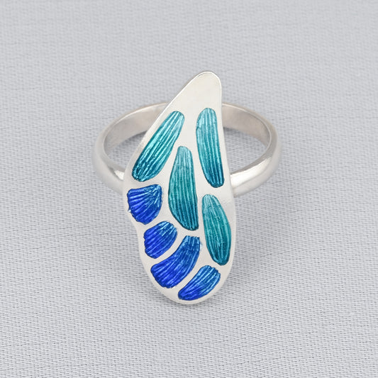 Blue & Aqua Butterfly Wing Champleve Silver Ring