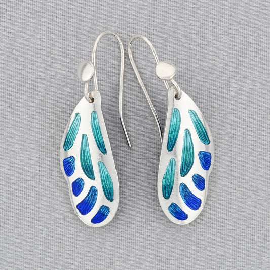 Aqua Blue Butterfly Wing Champleve Silver Earrings