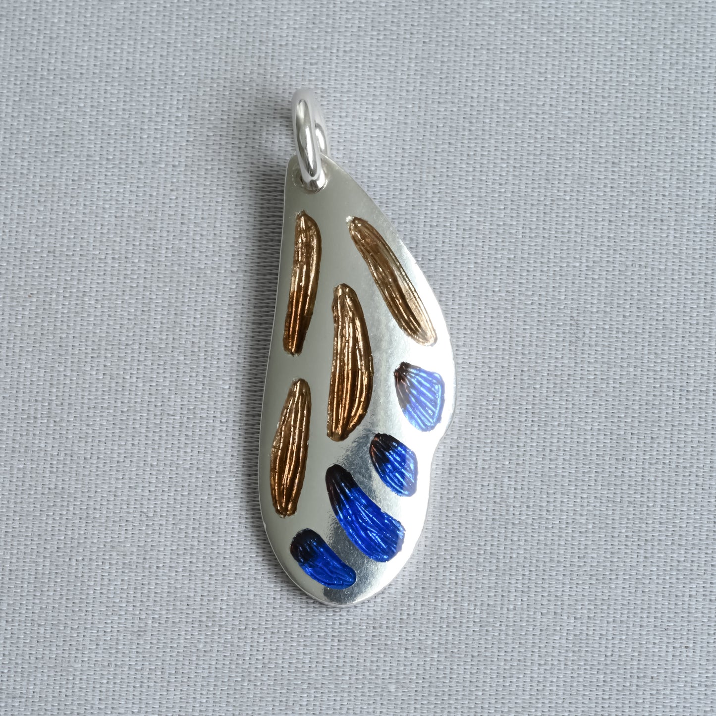 Butterfly Wing Brown Blue Champleve Silver Pendant