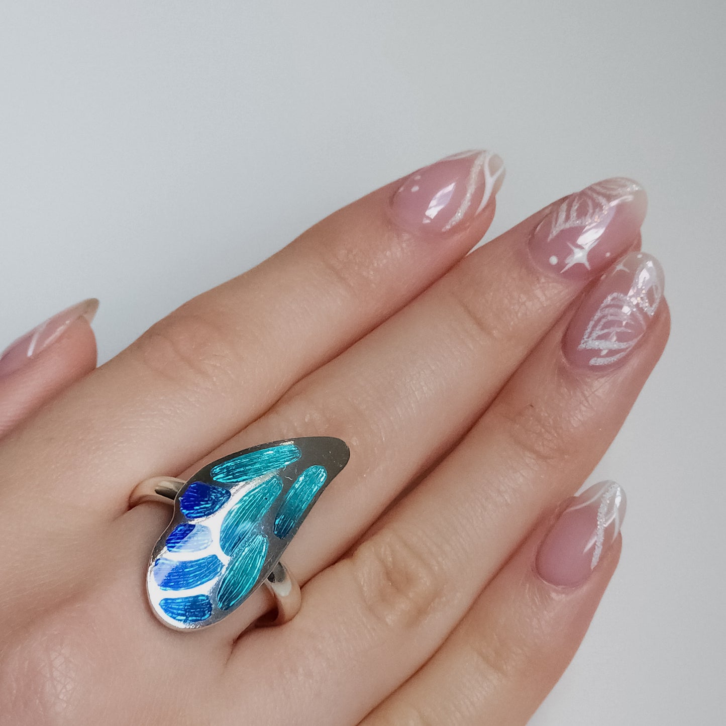 Blue & Aqua Butterfly Wing Champleve Silver Ring