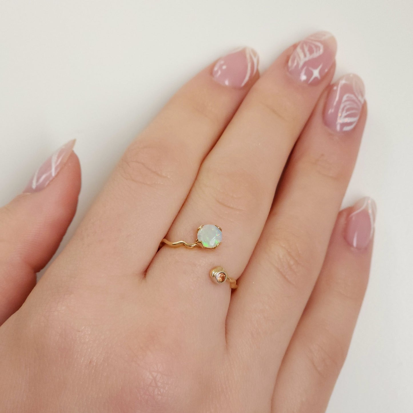 Crystal Opal Wavy Gold Ring with Peach Sapphire