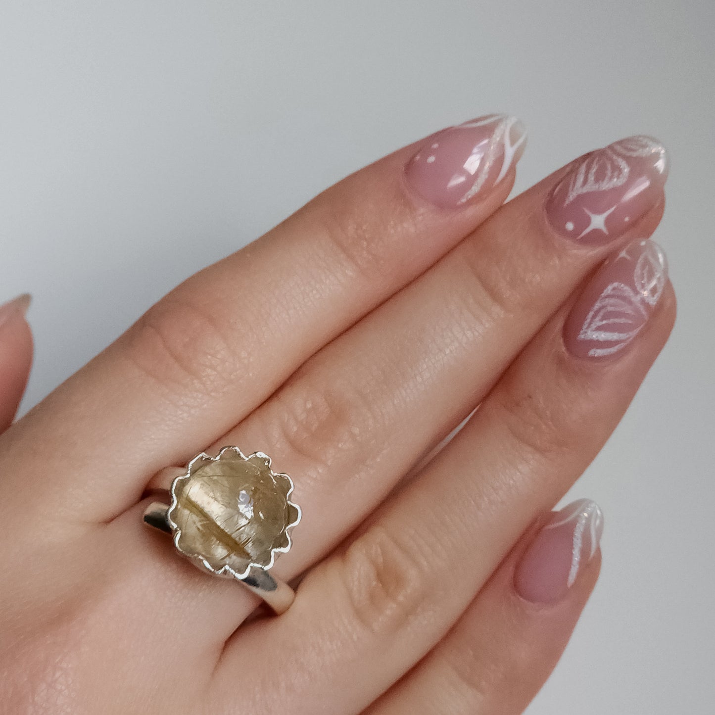 Rutilated quartz flower silver ring