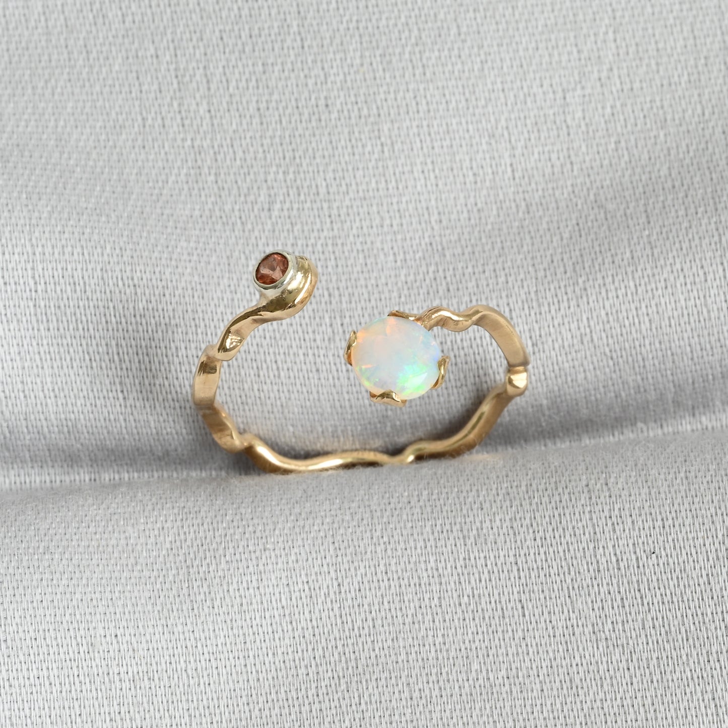 Crystal Opal Wavy Gold Ring with Peach Sapphire