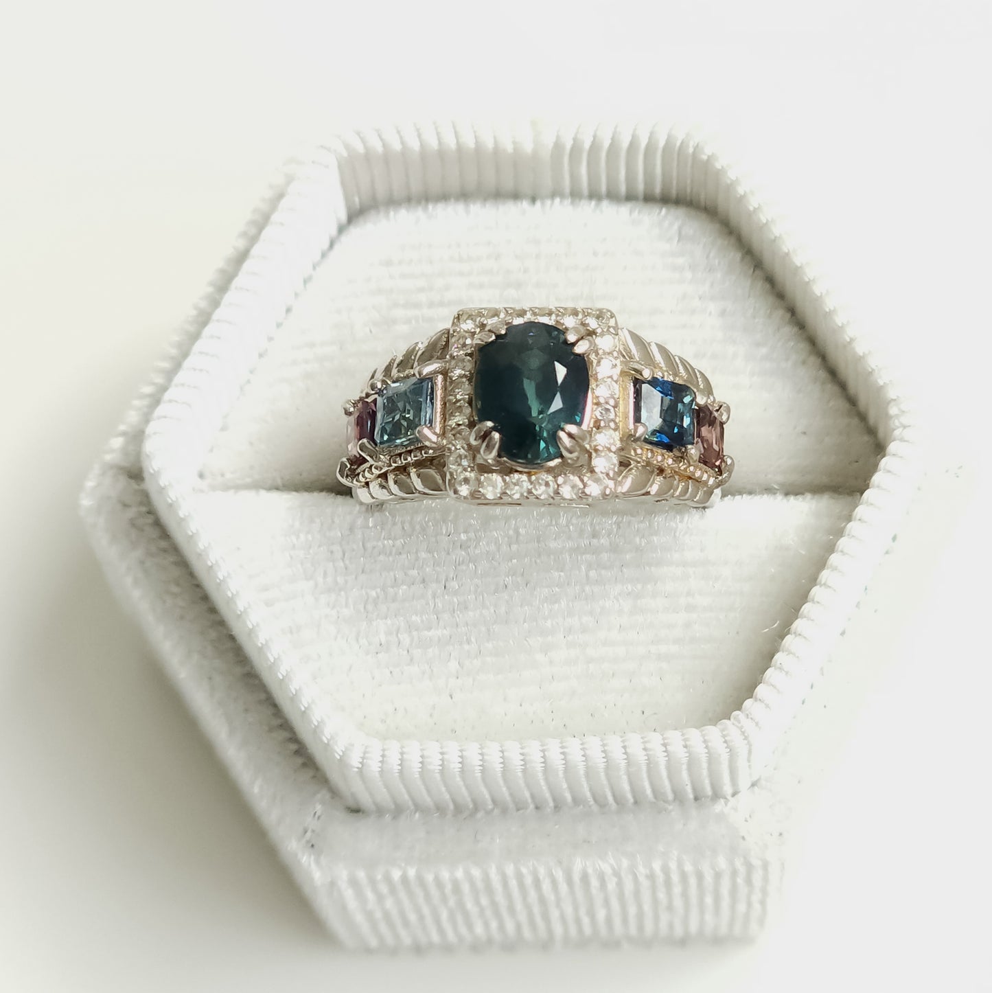 Teal and Purple Sapphire Silver Ring