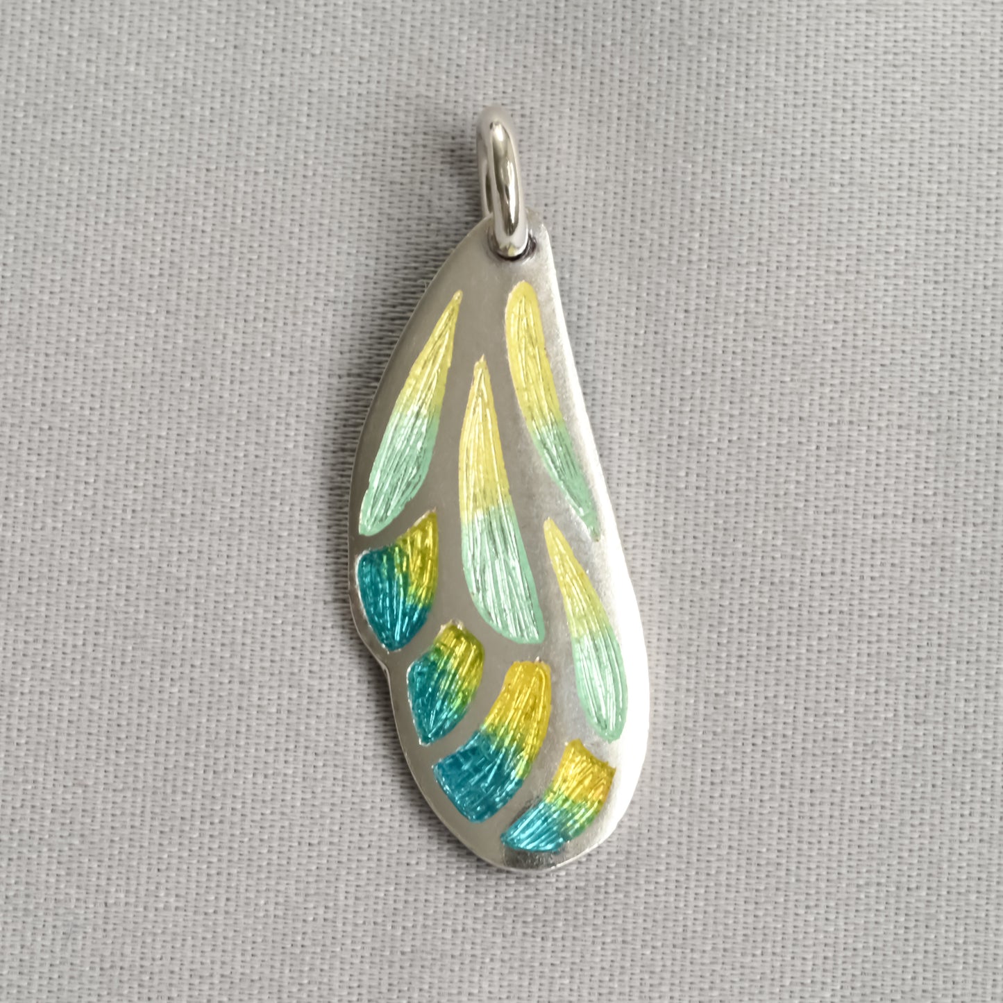 Butterfly Wing Yellow Aqua Champleve Silver Pendant