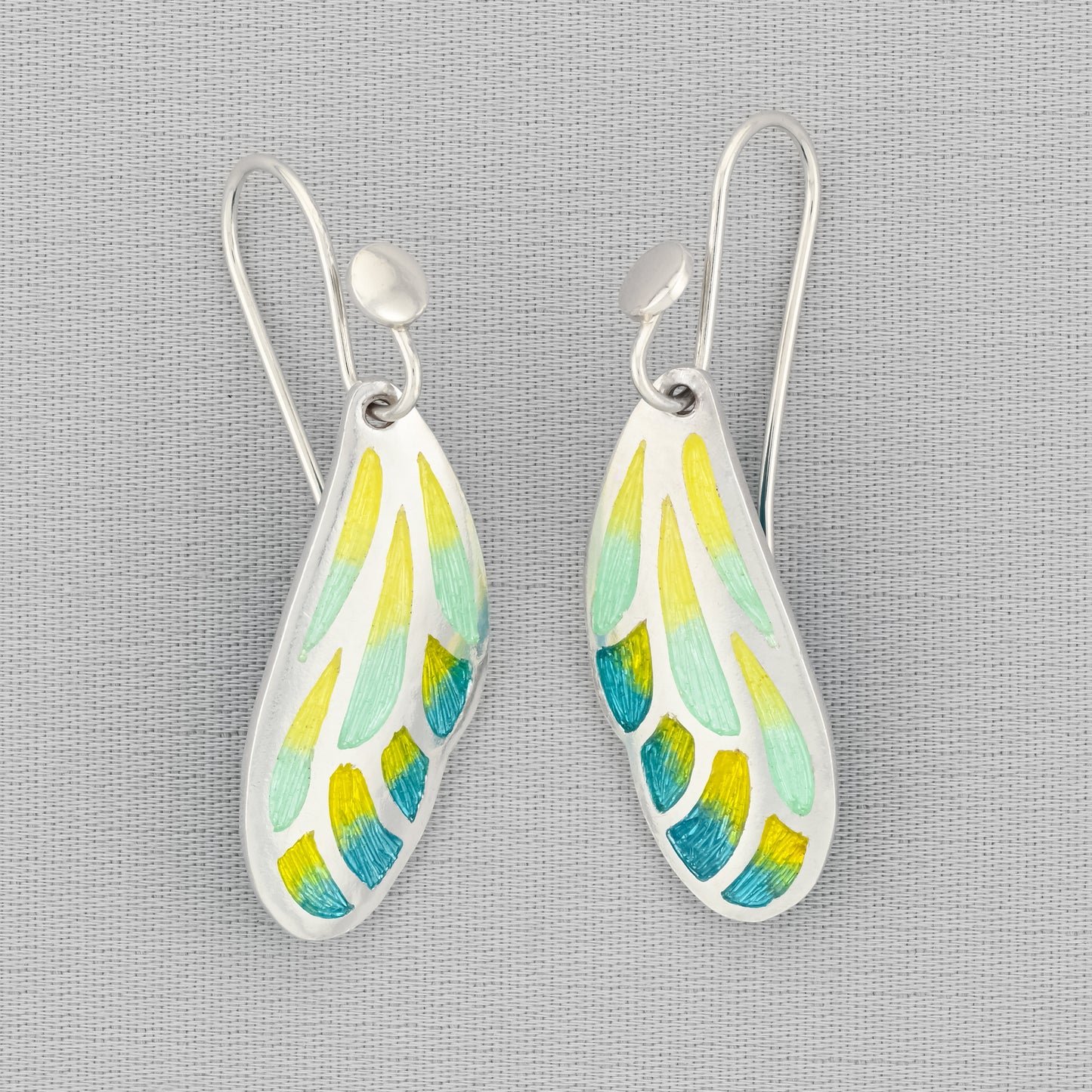 Aqua Yellow Wing Champleve Silver Earrings