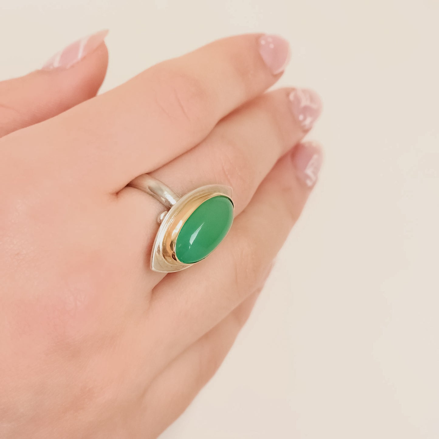 Silver & Gold Chrysoprase Jade Ring