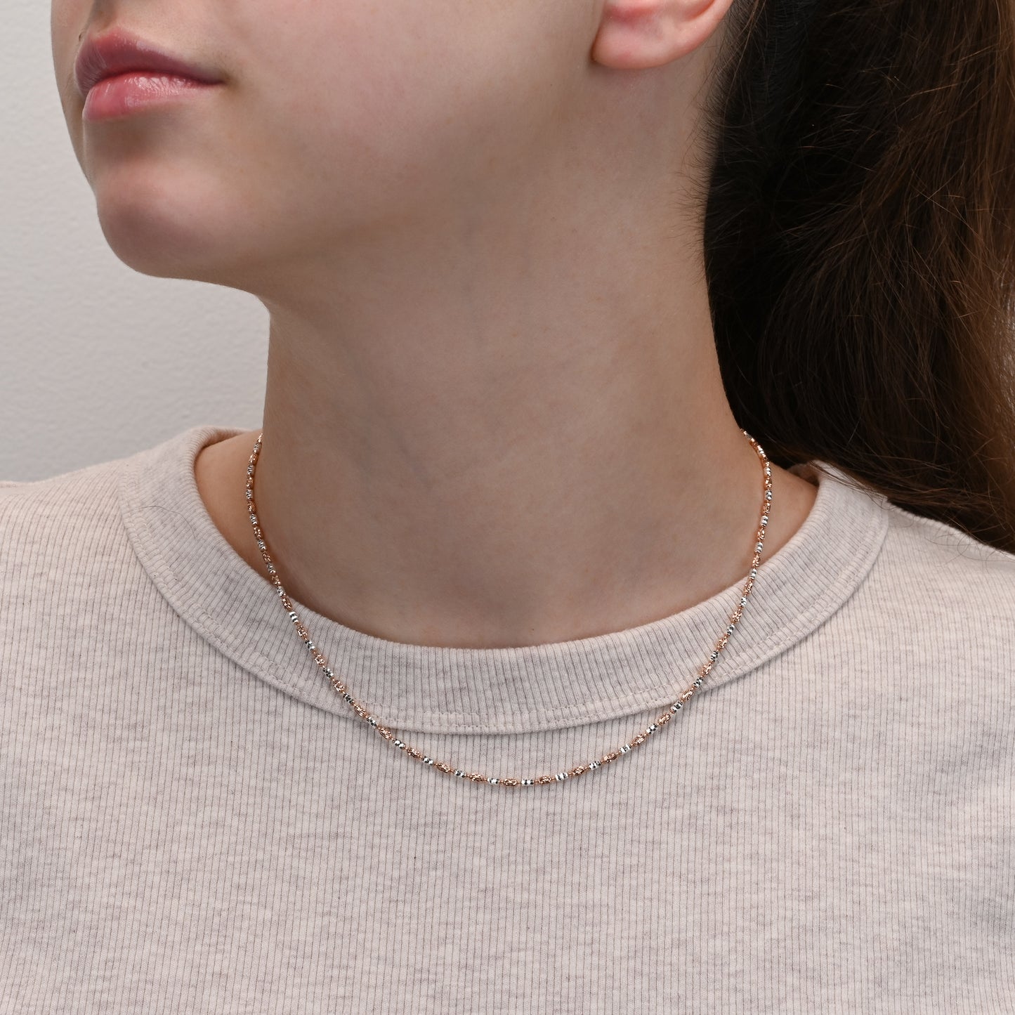 Silver Chain Long Beads Rose Gold & Rhodium