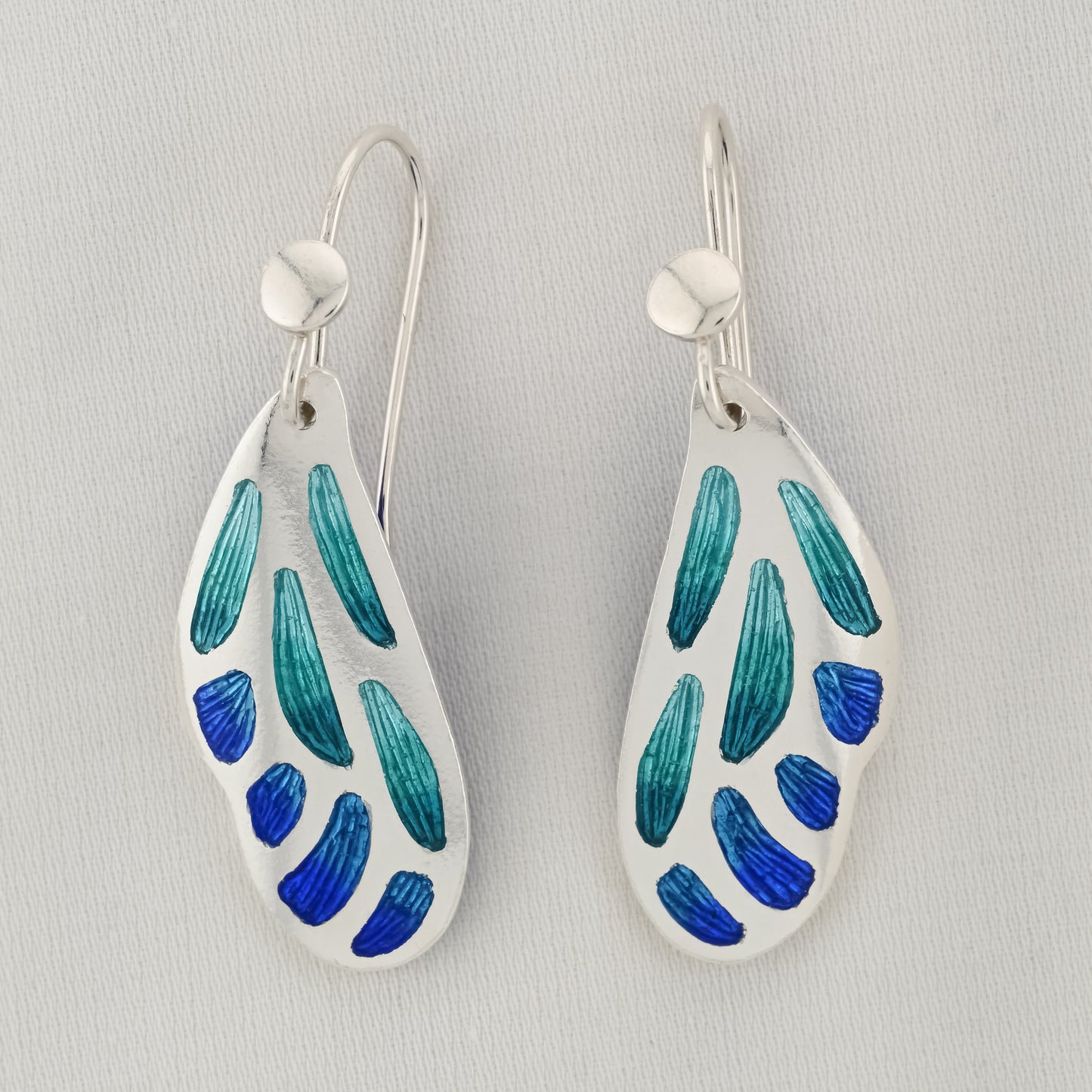 Aqua Blue Butterfly Wing Champleve Silver Earrings