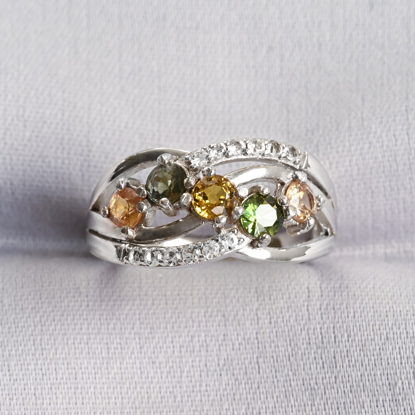 Green and Yellow Sapphire and Topaz Silver Ring