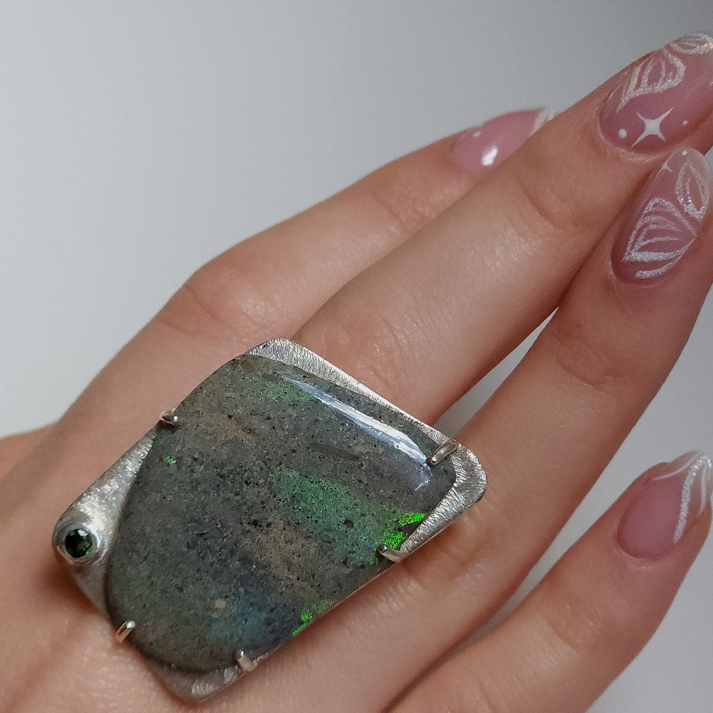 Andamooka opal and green tourmaline silver ring