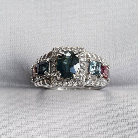 Teal and Purple Sapphire Silver Ring