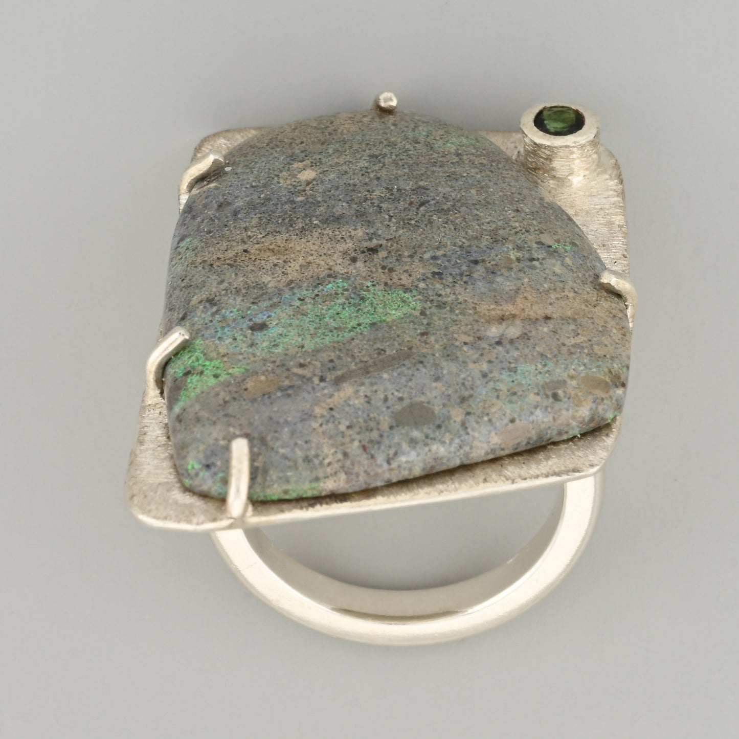 Andamooka opal and green tourmaline silver ring