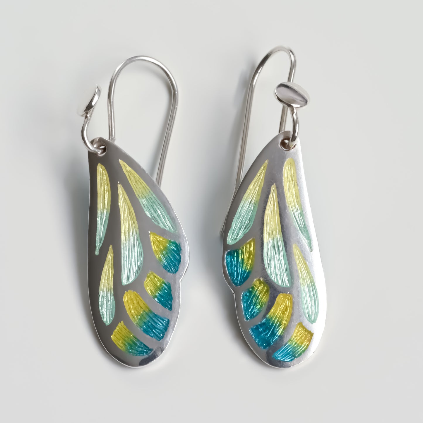 Aqua Yellow Wing Champleve Silver Earrings