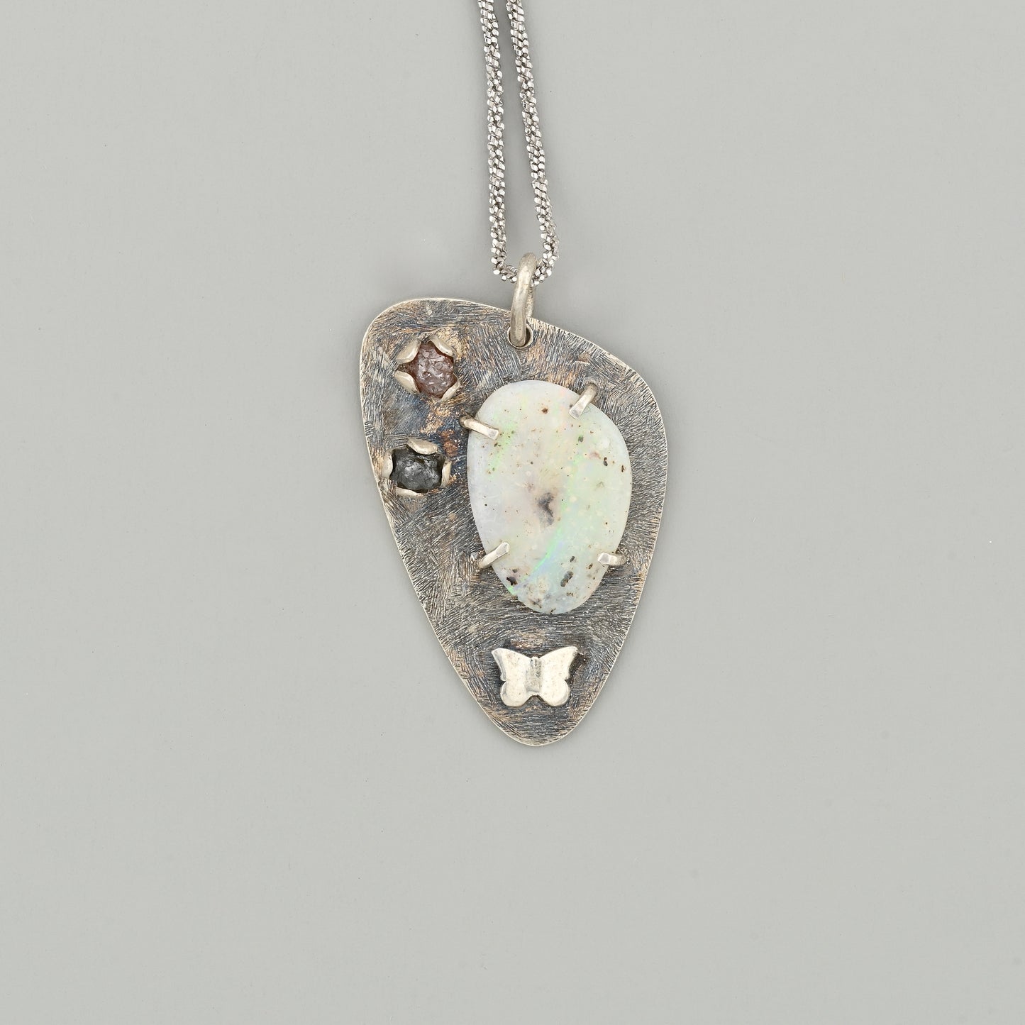 Silver Pendant Australian White Opal and diamonds