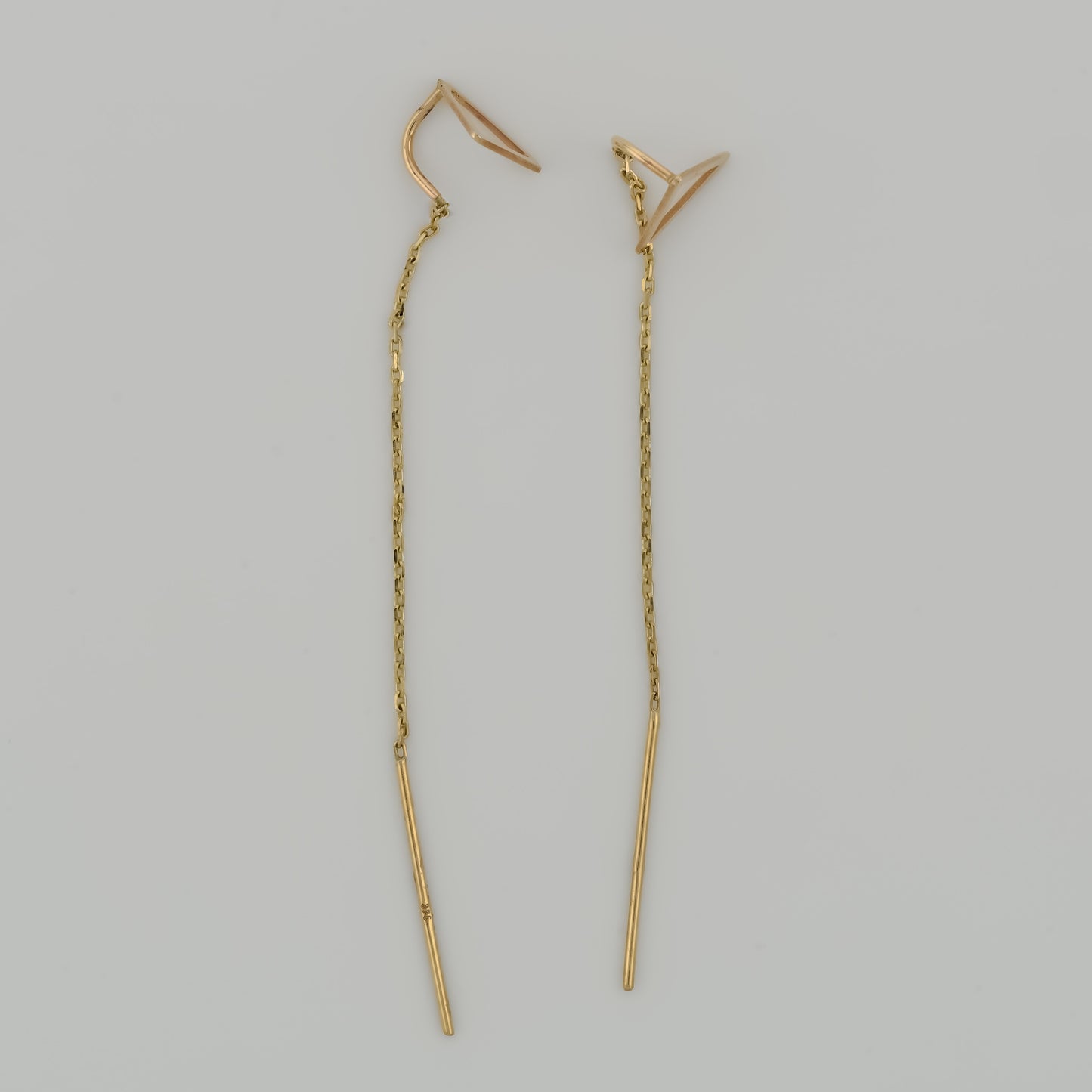 Side view of Gold Triangle Threaded Earrings