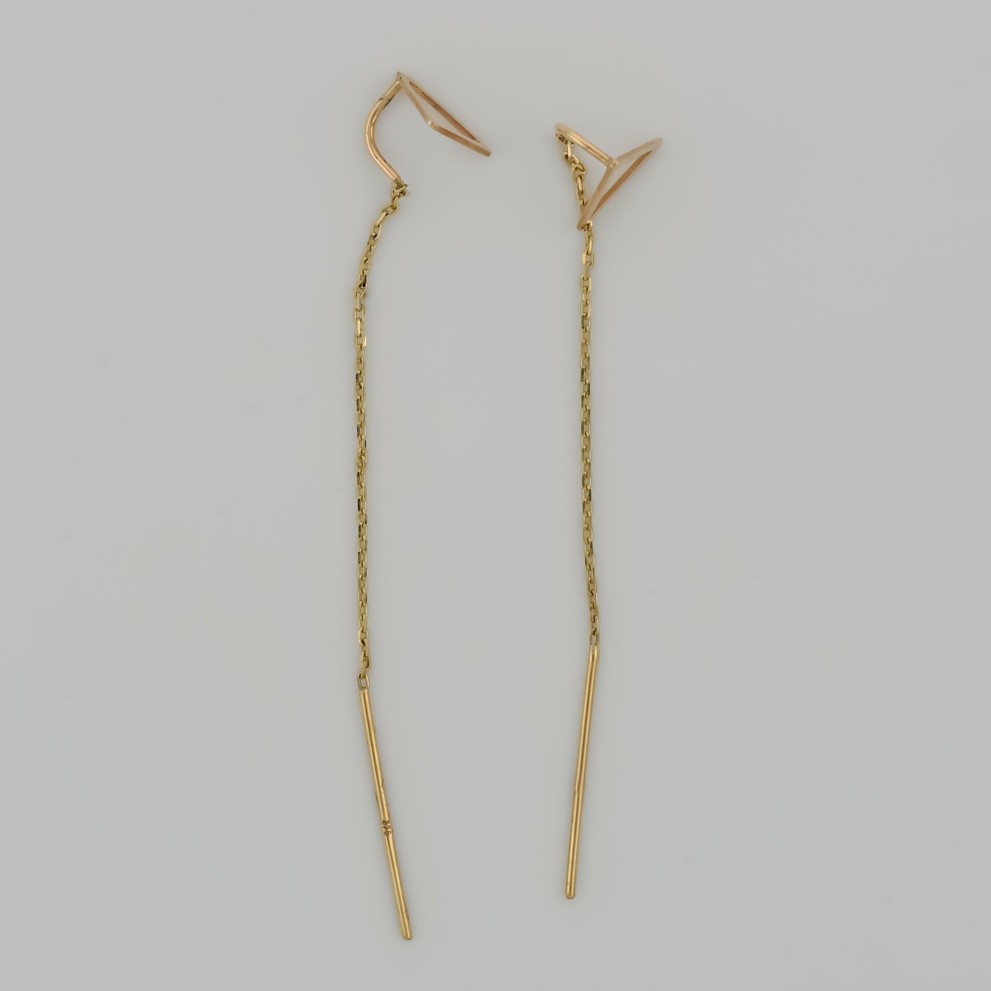 Side view of Gold Triangle Threaded Earrings
