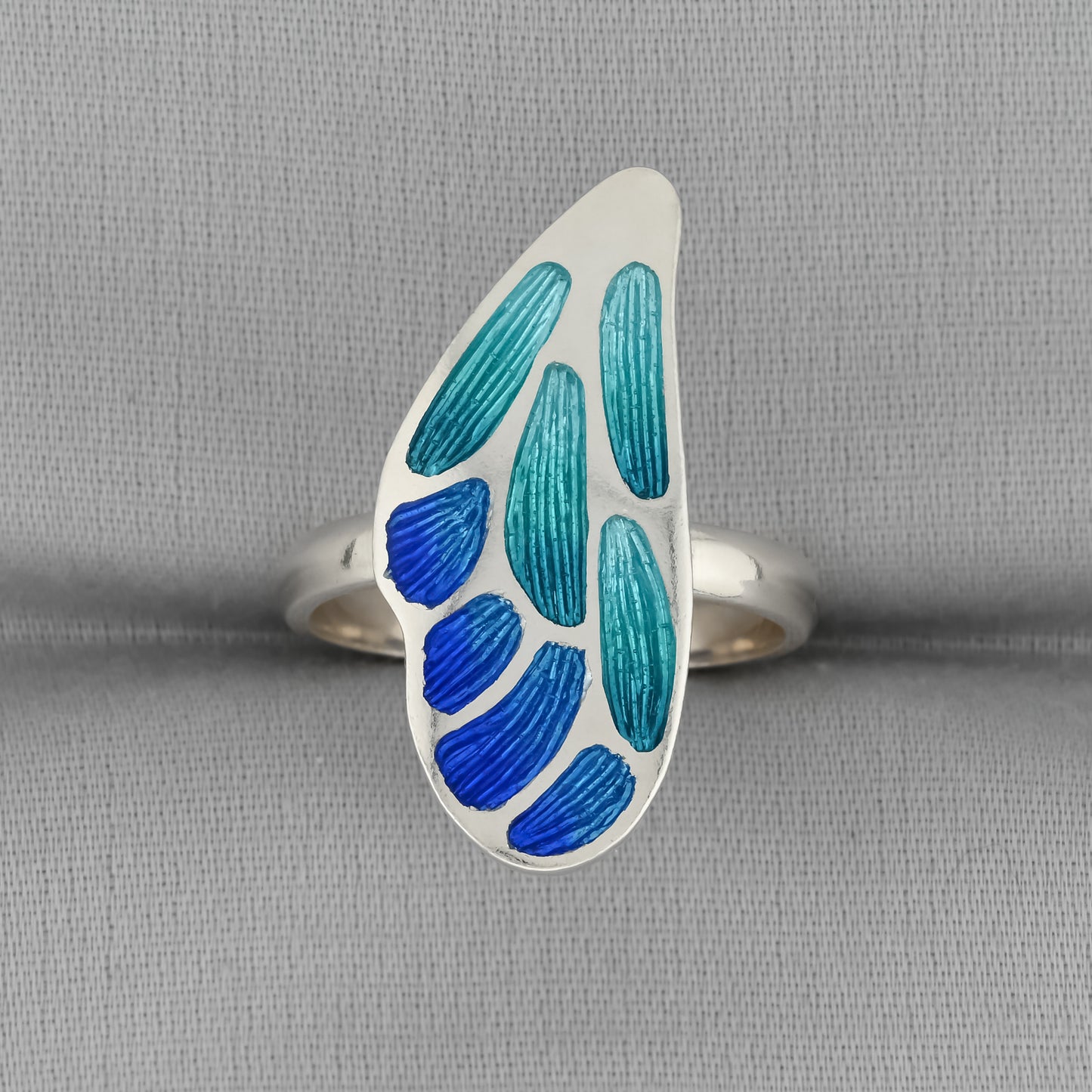 Blue & Aqua Butterfly Wing Champleve Silver Ring