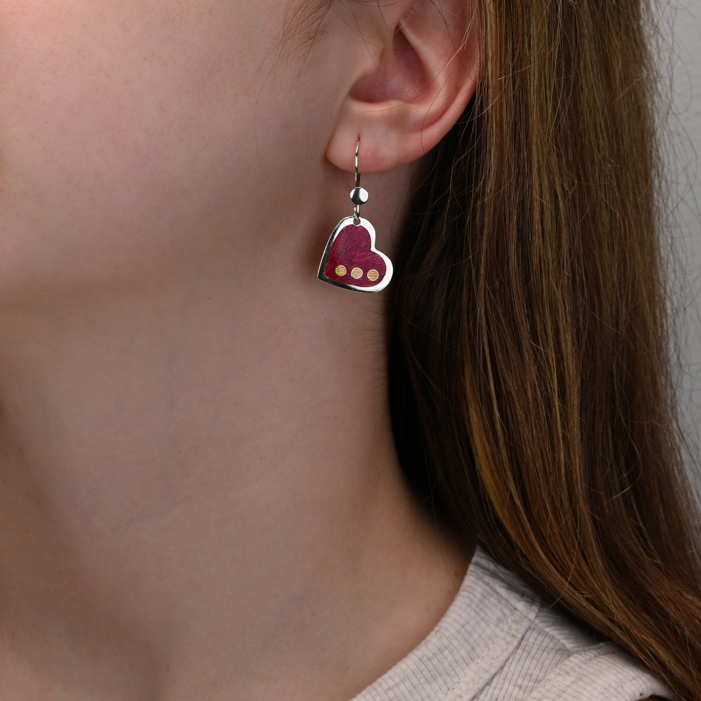 Pink Heart Enamel Silver Earrings